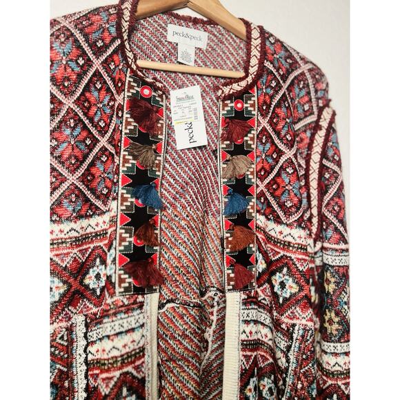 NEW Peck & Peck Wool Blend Tapestry Sweater Cardigan Sz L Tassel Hook Close Boho - Picture 5 of 14